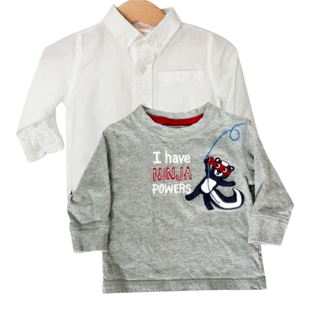 Gymboree SET Button-Down Shirt White Gray Ninja Long Sleeved Tee — Size 6-12 M